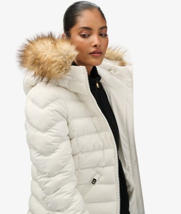 Superdry Women's Fuji Faux Fur Hood Padded Jacket White Size: 12