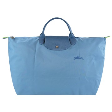 LONGCHAMP LE PLIAGE GREEN系列刺繡短把再生尼龍摺疊旅行袋（小/雷雨藍）