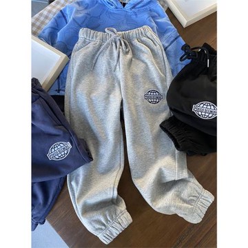 柔軟大毛圈 簡潔歐美范 男童橄欖球裝飾標運動褲中腰皮筋腰帶長褲