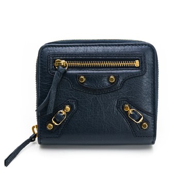 BALENCIAGA 巴黎世家  CONTINENTAL羊皮拉鏈零錢袋釦式短夾（深藍/金釦）
