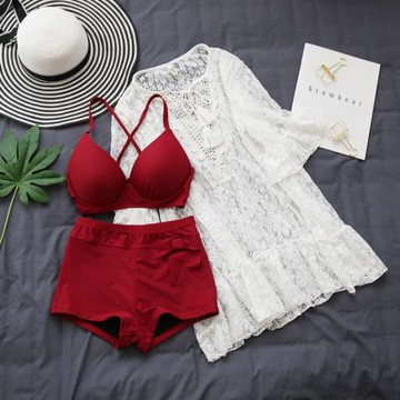 比基尼三件套泳衣女性感鋼托聚攏顯瘦遮肚大胸D/E/F罩杯溫泉泳裝