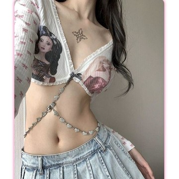 ♡ 𝑪𝒉𝒊𝒄 𝒖 ♡夏季蝴蝶結芭比性感辣妹度假花邊胸衣超短防曬薄罩衫T恤上衣鏤空