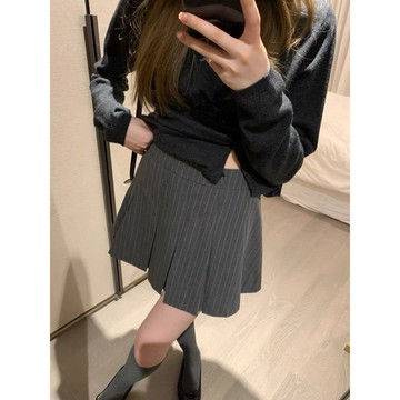 時尚女裝 短裙 半身裙 miu系學院 仿毛TR面料 雙腰袢條紋百褶短裙(帶安荃褲) A字裙 百褶裙 裙子