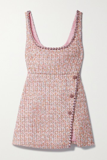 Self-Portrait - Crystal-embellished Wrap-effect Metallic Tweed Mini Dress - Blush - UK 4