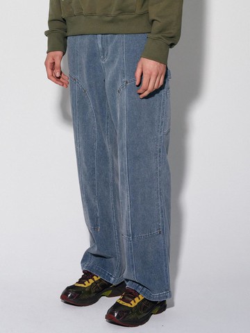 Wide Round Carpenter Stone Washing Pants [Washed Blue]