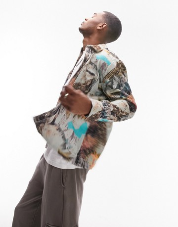 Topman long sleeve regular cord shirt in landscape mountain print-Multi