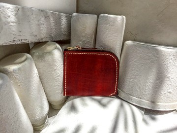 不撞包酒紅色植鞣革全真皮L型拉鍊零錢包/短夾