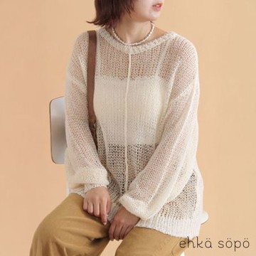 〚ehka sopo〛柔軟馬海毛洞洞透膚長袖針織上衣