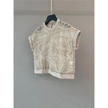 BC女裝夏季重工亮片刺繡真絲上衣時尚寬松落肩袖圓領背心輕薄坎肩