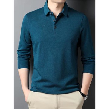 2025春季高端羊毛長袖t恤男士翻領純色polo衫商務休閑中年爸爸裝