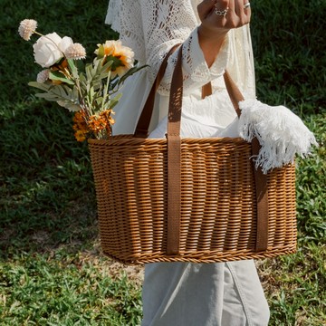 本月新品【UD LAB】仿藤編草布提手收納野餐籃 CB-O01004