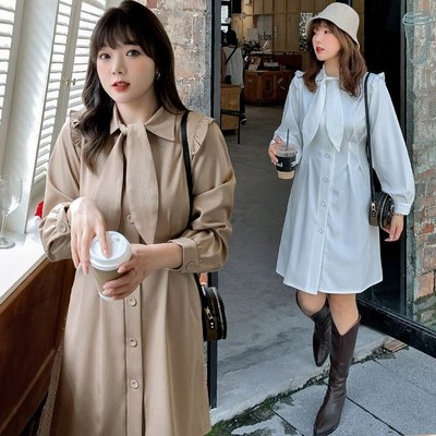 全3色 リボン付きワンピース 長袖 大きいサイズ シャツワンピース 無地 レディース 韓国ファッション 春 秋冬 Ll 5l 2107 2108 通販 Lineポイント最大get Lineショッピング