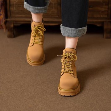 潮牌真皮厚底大黃馬丁靴女2023夏薄款縫線工藝真皮單里大碼短靴子