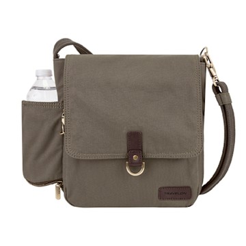 《TRAVELON》Courier帆布掀蓋三層防盜斜背包-棕-- 側背包 斜背包 背帶包 防割防搶