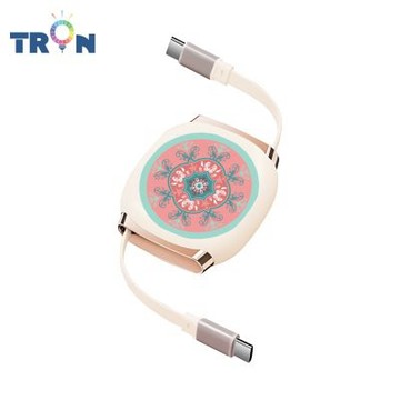 TRON 100W Type-C 伸縮快充線 1M 奶茶色 圓形花磚B-3 4檔長度調整 可充筆電 適用i15以上手機 平板