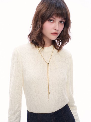 古典玫瑰園泡泡袖針織上衣-米白