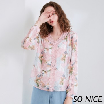 SO NICE優雅蕾絲拼接印花雪紡上衣
