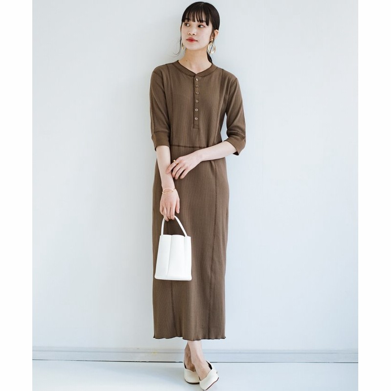 ハコ Ladylee 配色ステッチでスタイルアップ 楽して女っぽが叶うヘンリーネックワンピース レディース ブラウン N Haco 通販 Lineポイント最大2 0 Get Lineショッピング