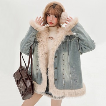 ＊ORead＊復古毛絨洗水拼接毛領夾棉牛仔外套(藍色S~XL)