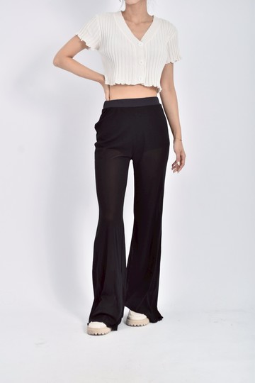 (S) 高腰質感紡紗微透黑色長褲