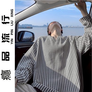 秋季新款重磅潮牌文藝魚骨紋V領長袖T恤 韓版潮流氣派ins潮流T恤 簡約百搭時尚寬鬆休閒長T