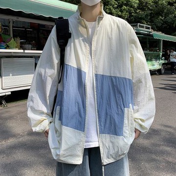 港風復古拼色防曬衣男潮牌oversize戶外寬松夏季工裝夾克休閑外套