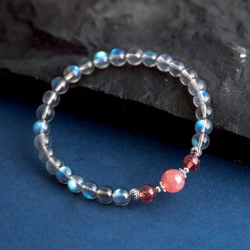 拉長石草莓晶|紅紋石925純銀手鍊|天然石水晶 客製化禮物