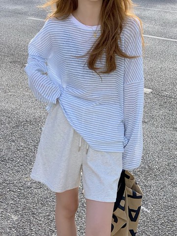 條紋t恤女裝夏季新款長袖防曬罩衫薄款慵懶風外穿上衣服ins潮