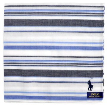 RALPH LAUREN POLO 紳士款 藍灰橫條紋純棉帕領巾(白)