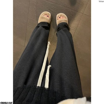黑灰色德絨闊腿褲女秋冬軟糯休閒墜感高腰寬鬆顯瘦直筒拖地褲