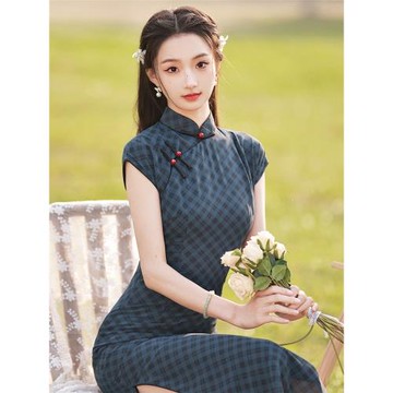 南城舊夢丨新中式旅行半開襟長款格子日常改良印花旗袍古法日常裝