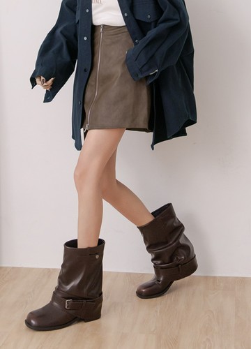 皮革感微皺短靴