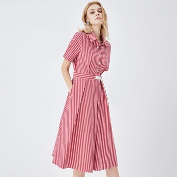 《D'Fina 時尚女裝》 經典條紋設計感襯衫洋裝中長款收腰版裙子