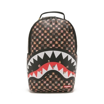 SPRAYGROUND 趣味小圖棋盤格鋸齒鯊大容量後背包 咖色 G621165