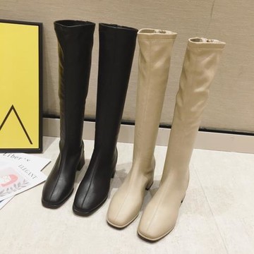 2025秋冬新款方頭粗跟高跟長筒靴后拉鏈騎士靴瘦瘦靴及膝彈力靴女