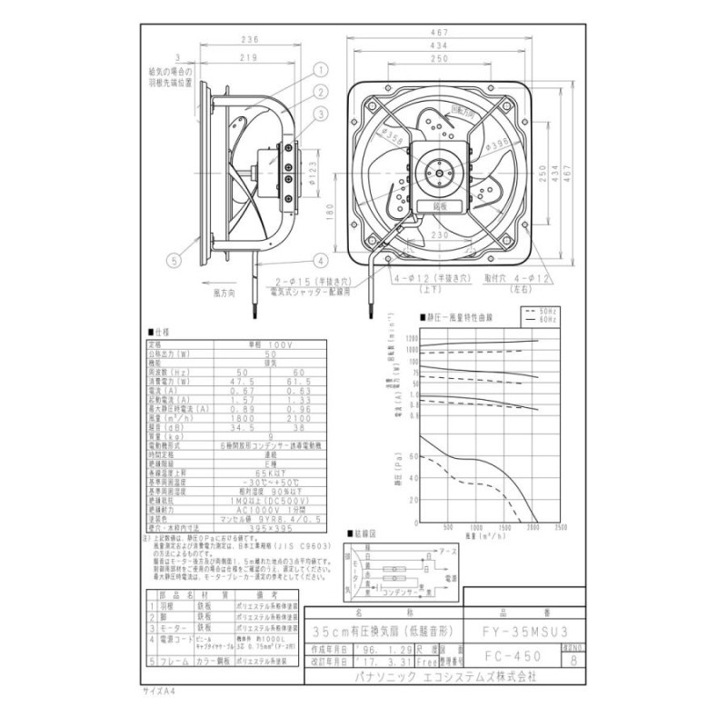 排-給気兼用仕様 FY-35MSU3 薄けれ 有圧換気扇低騒音形