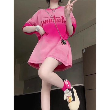 大版多巴胺穿搭短袖t恤女夏2025新款爆款寬松長款遮屁股下衣失蹤