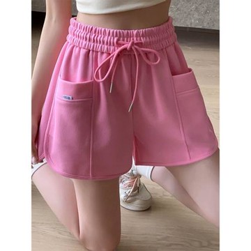 粉色運動短褲女夏季薄款寬松闊腿a字高腰顯瘦純棉外穿休閑三分褲