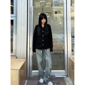 【林木木】牛仔褲 美式復古 闊腿褲 落地褲 星星印花 女生長褲 顯瘦長褲 藍色