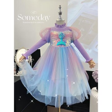 女童美人魚公主裙秋冬兒童加厚毛衣裙小女孩洋氣漸變禮服蓬蓬裙子