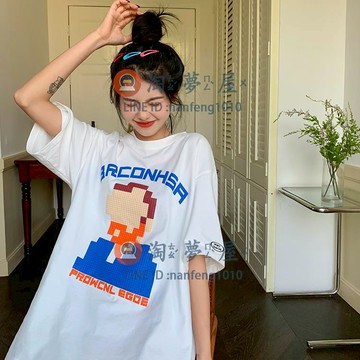 T恤女春裝復古設計感寬松BF風上衣 黑色別致字母短袖【淘夢屋】