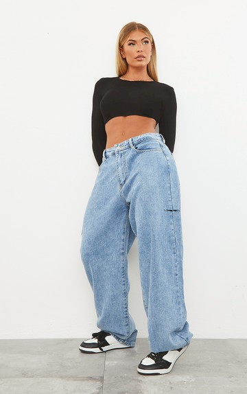 Light Blue Wash Thigh Split Baggy Boyfriend Jeans推薦| Pretty