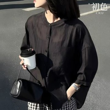 初色 韓系簡約風氣質寬鬆棉麻圓領七分袖輕薄襯衫上衣女上衣-共2色-18857(M-2XL可選)
