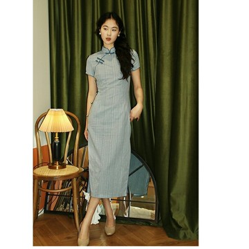 【巴黎精品】連身裙改良式旗袍-短袖復古修身條紋女裙子a1gc88