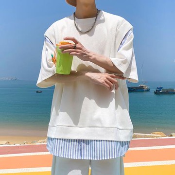 華夫格短袖男夏季設計感小眾上衣假兩件t恤條紋拼接半袖體恤寬松