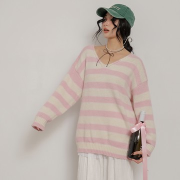 橫條紋V領毛衣-粉【KT223384】