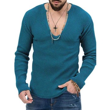 2023秋季歐美V領純色針織長袖衫男士大碼打底衫潮Mens knitwear