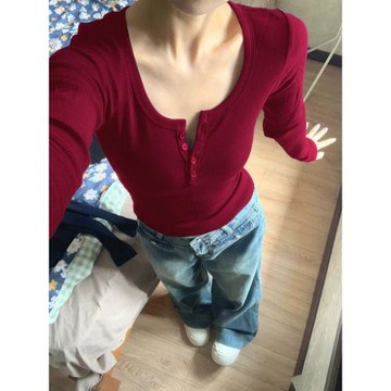 絕美酒紅色正肩修身長袖t恤女春季新款設計感內搭低領打底衫上衣