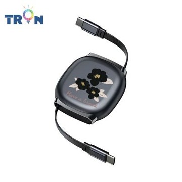TRON 100W Type-C 伸縮快充線 1M 鈦黑色 平塗手繪小花卉-3 4檔長度調整 可充筆電 適用i15以上手機 平板