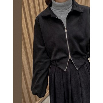 Codibook｜韓國 Qnigirls 絨面麂皮後腰鬆緊短版立領外套［預購］夾克 拉鍊外套 女裝